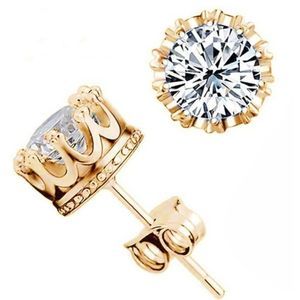Women's 1 CT Gold Silver Crown CZ Diamond Stud Pierced Earrings